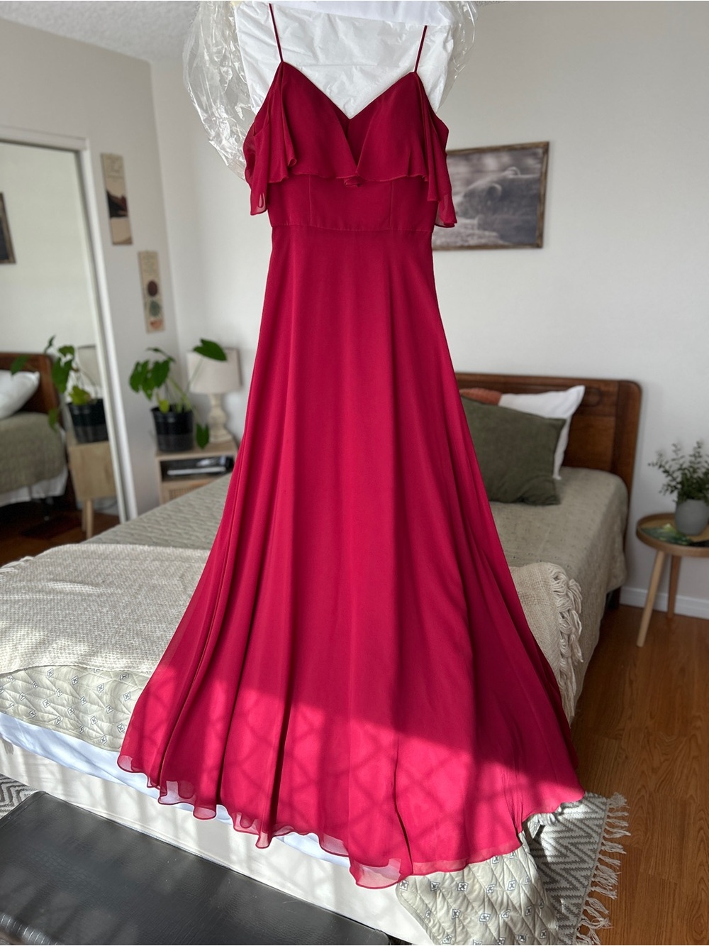 Elegant Burgundy Bridesmaid Maxi Dress with Ruffle Bodice